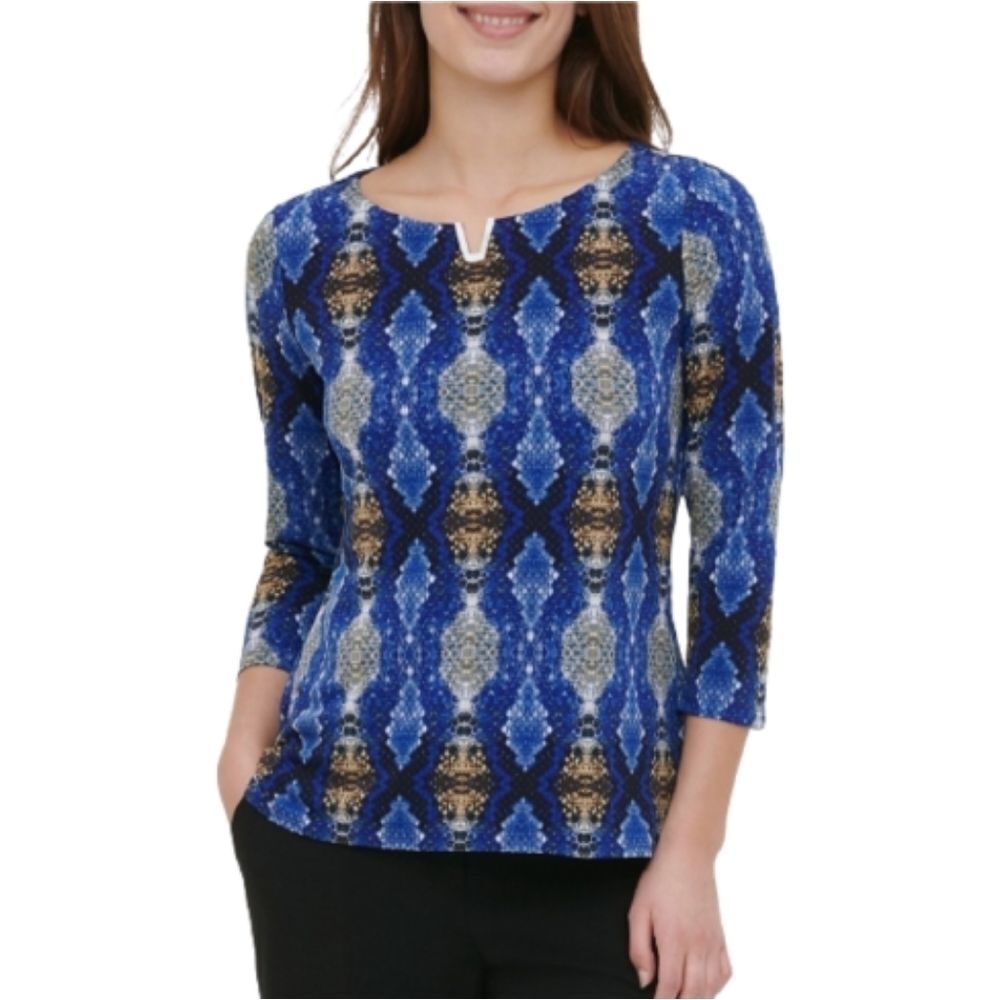 𝅺Calvin Klein Blue Snakeskin Printed Long-Sleeve Top